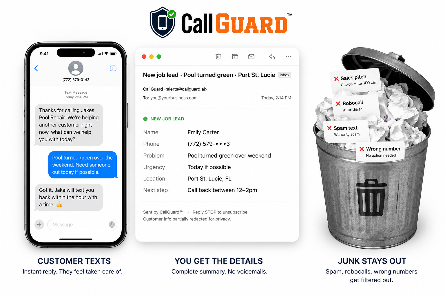 CallGuard answers calls, texts customers, and filters junk